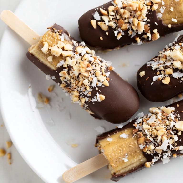 A delicious close-up of Frozen Banana Chocolate Pops, a refreshing peanut butter and banana treat.