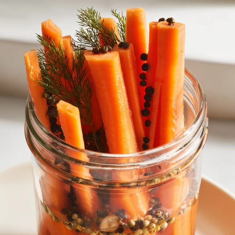 Freshly prepared Quick Pickled Carrot Spears with a touch of dill, excellent on a cheese board.