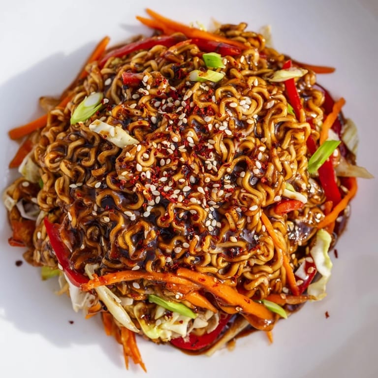 A flavorful bowl of spicy ramen stir fry showcasing tender noodles and colorful peppers.