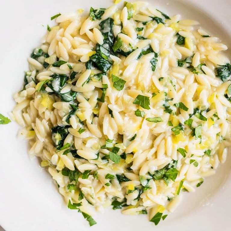 A pot of savory One-Pot Creamy Orzo, ready to serve, a perfect easy weeknight meal.