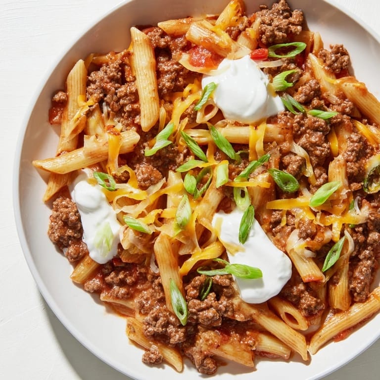 This image shows a delicious bowl of one-pot taco pasta, perfect for a busy weeknight dinner.