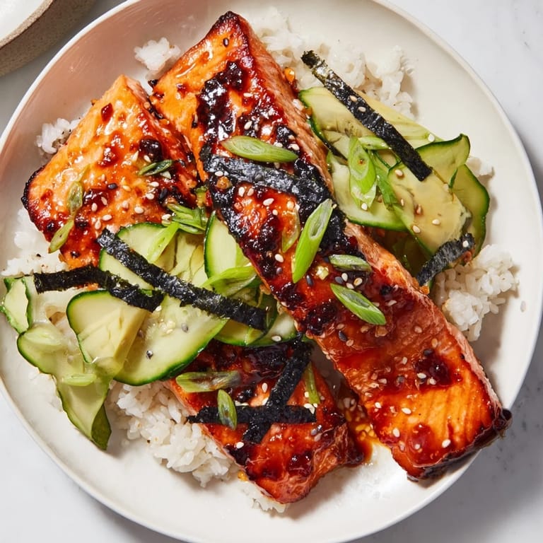 This Emily Mariko-Inspired Sticky Orange Gochujang Salmon Bowl features perfectly cooked salmon, coated in a sticky glaze.