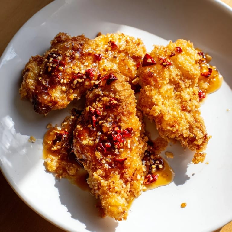 Close-up of perfectly fried Hot Honey Crispy Chicken Thighs, showcasing the juicy meat and crunchy crust.