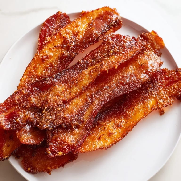 Incredibly crispy and glazed Snoop Dogg Billionaire Bacon, speckled with pepper, makes a delightful brunch centerpiece.