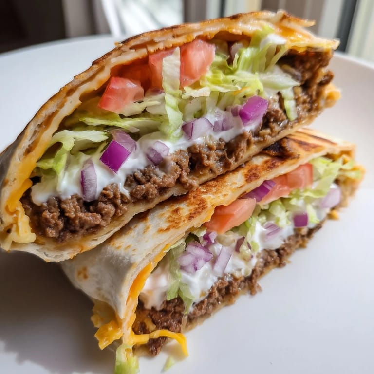 Enjoy the layers of a hearty Taco Bell Crunchwrap Supreme, with melted cheese and seasoned ground beef beautifully stacked.
