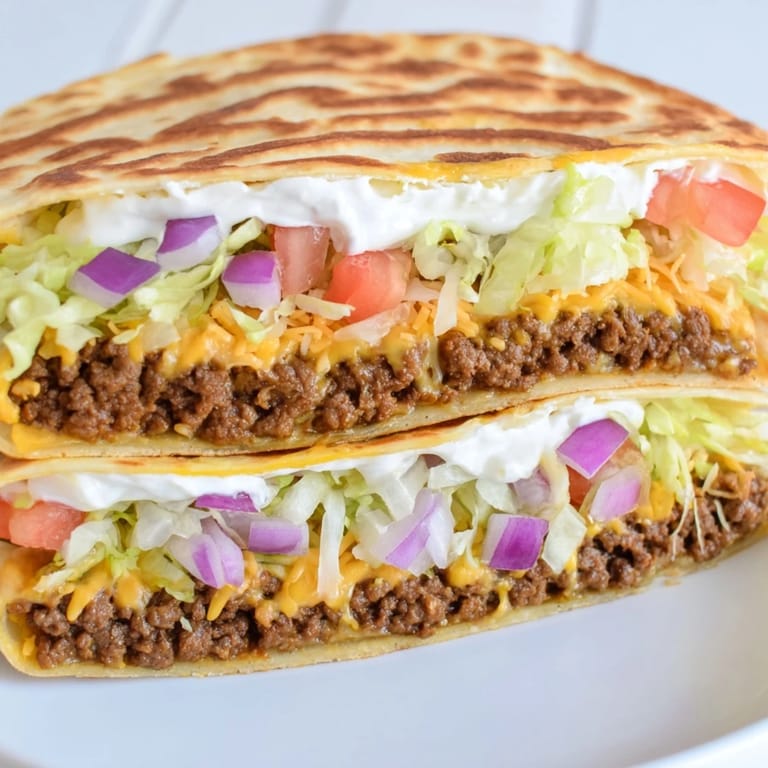 Golden-brown, crisp edges of a delicious Taco Bell Crunchwrap Supreme sit alongside fresh toppings.