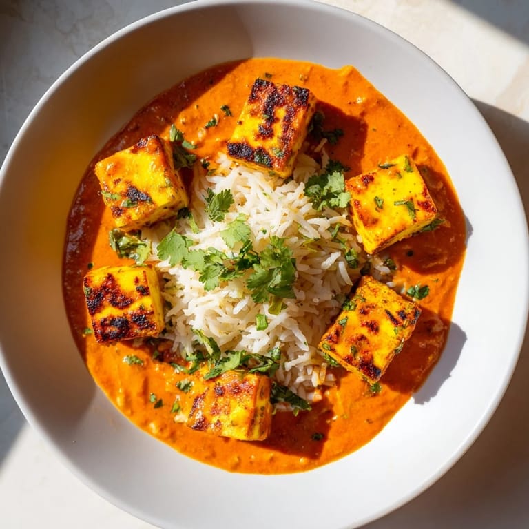 This hearty bowl of Paneer Tikka Masala shows tender paneer in a rich tomato-cream sauce with fresh cilantro.