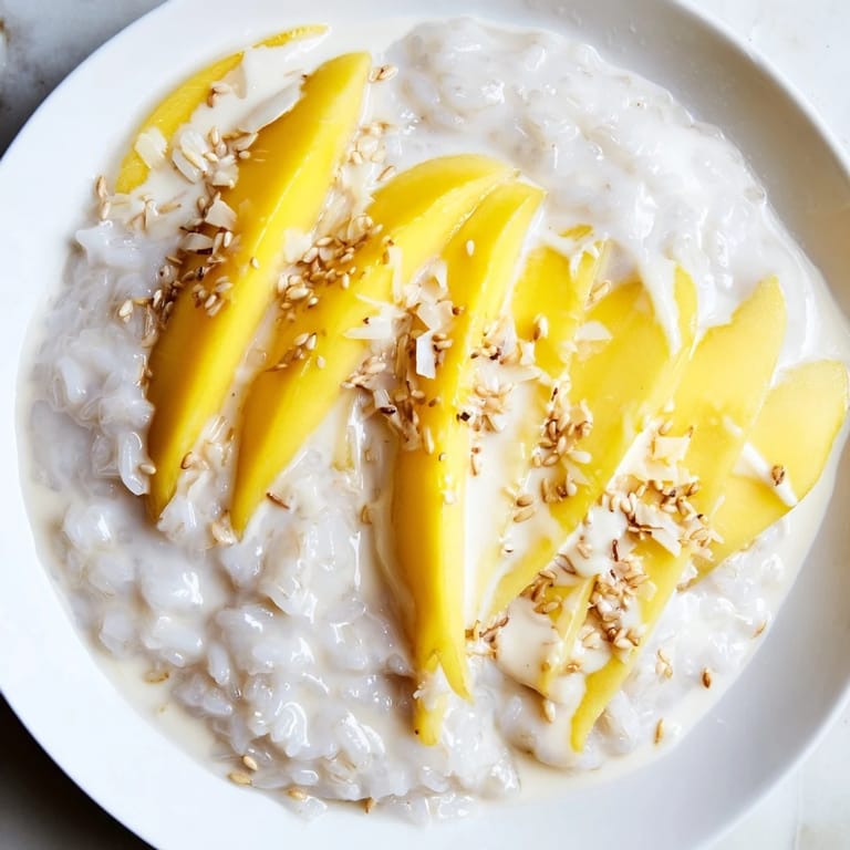 A vibrant close-up shows tropical Thai mango sticky rice, ready to enjoy with a generous sprinkle of sesame seeds.