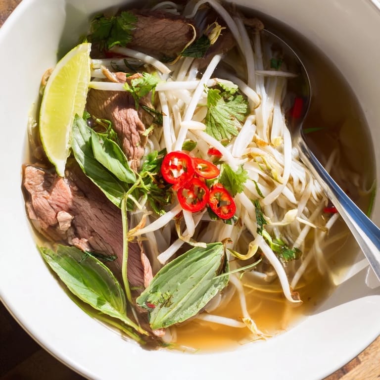 A lovely close-up shows the rich broth surrounding tender beef in this Vietnamese Pho Express.