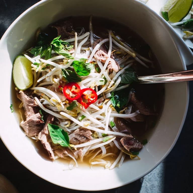 Enjoy homemade Vietnamese Pho Express; a flavorful bowl of noodles, broth, and fresh toppings.