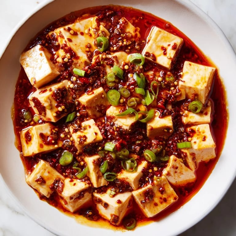 A close-up of tender tofu cubes and savory ground pork in a rich sauce, Mapo Tofu perfection.