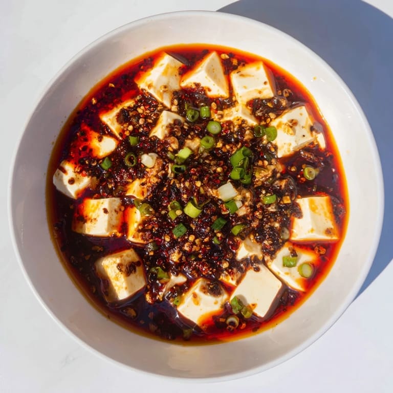 Overhead shot: Steaming hot bowl of Mapo Tofu with scallions, served with fluffy white rice.