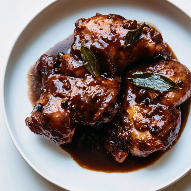 A close-up of steaming Filipino Chicken Adobo with glistening chicken thighs and fragrant sauce.