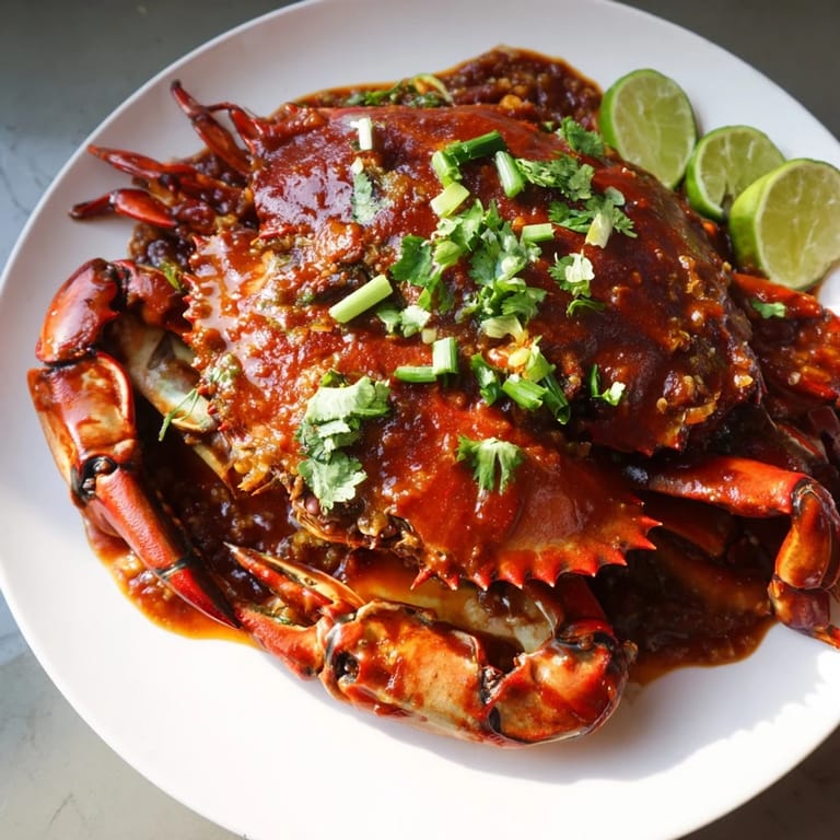 A steaming plate of Singaporean Chili Crab, its vibrant sauce glistening, ready to be enjoyed with rice.