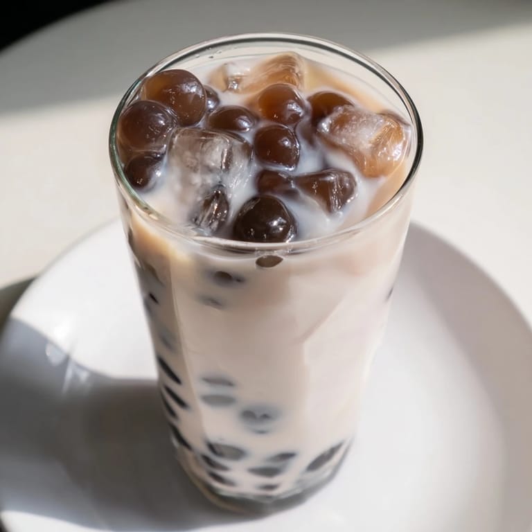 Quick homemade boba tea with sweetened condensed milk and tapioca pearls, served with a wide straw for sipping.