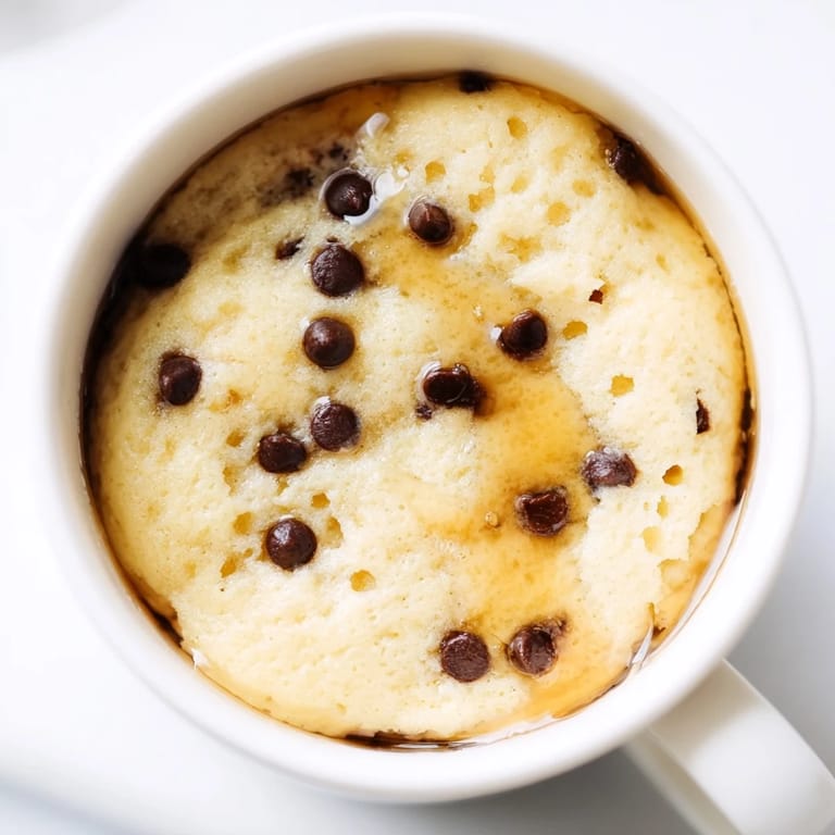 A single serving of microwave mug pancakes, risen and golden, ready to eat from a microwave-safe mug with a drizzle of syrup.