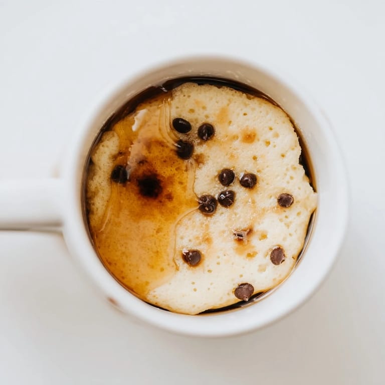 A fresh microwave mug pancake topped with blueberries, presented in a sturdy mug and ideal for a quick breakfast.