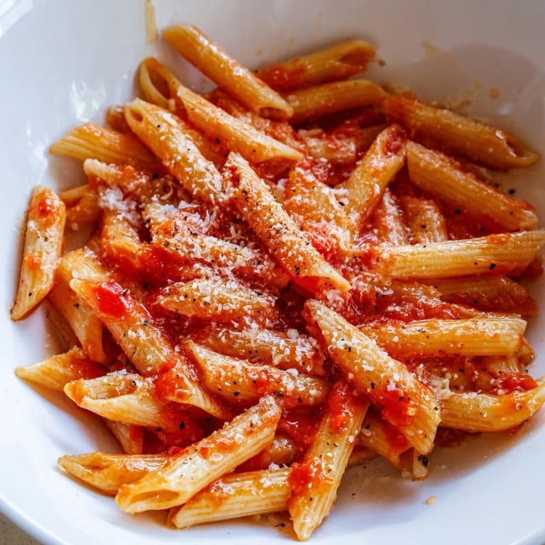Hearty Microwave Bowl Pasta tossed in rich marinara, garnished with fresh basil and a sprinkle of Parmesan, ready to eat straight from the bowl.