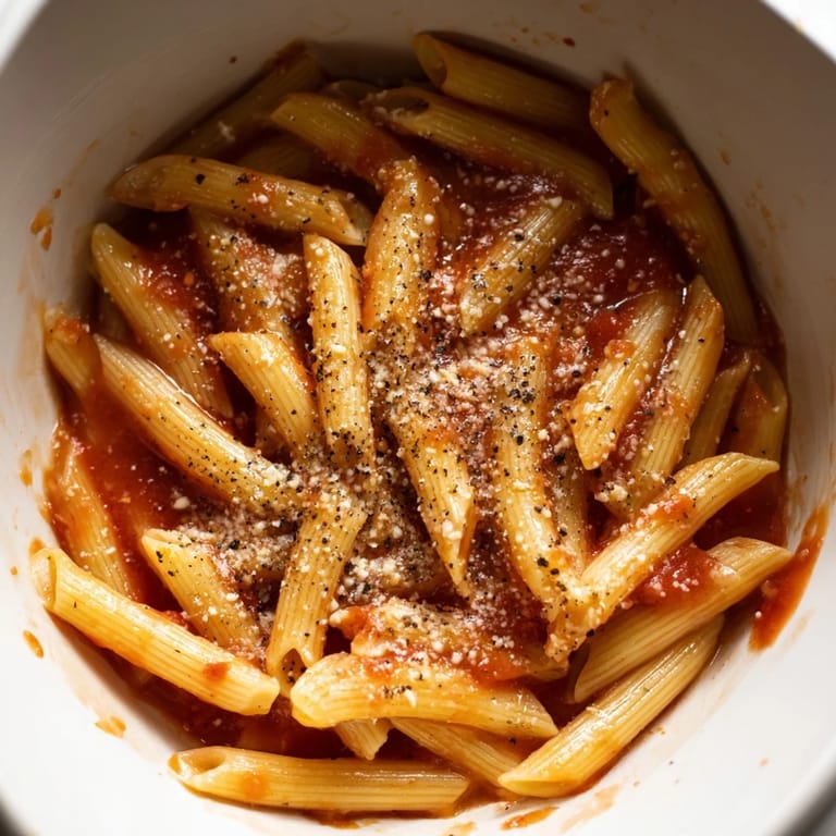 Close-up of perfectly cooked Microwave Bowl Pasta twirled on a fork, showcasing al dente noodles coated in savory marinara and melted cheese.