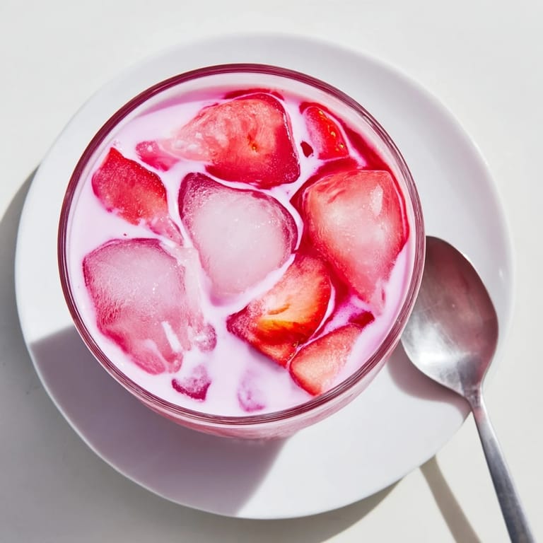 The Refresher Copycat Pink Drink showcases a vibrant pink hue from strawberry syrup blended with creamy coconut milk.  