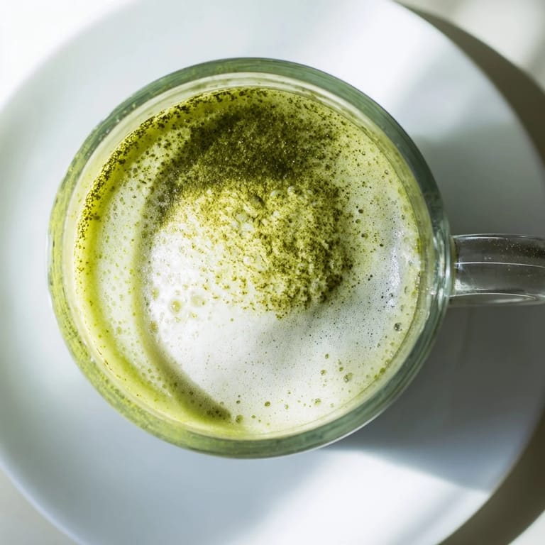 A beautifully layered matcha green tea latte served in a clear glass, showing the rich green tea base and milky foam.