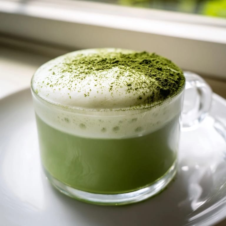 A creamy cup of matcha green tea latte topped with frothy milk foam, garnished with a delicate dusting of matcha powder.  