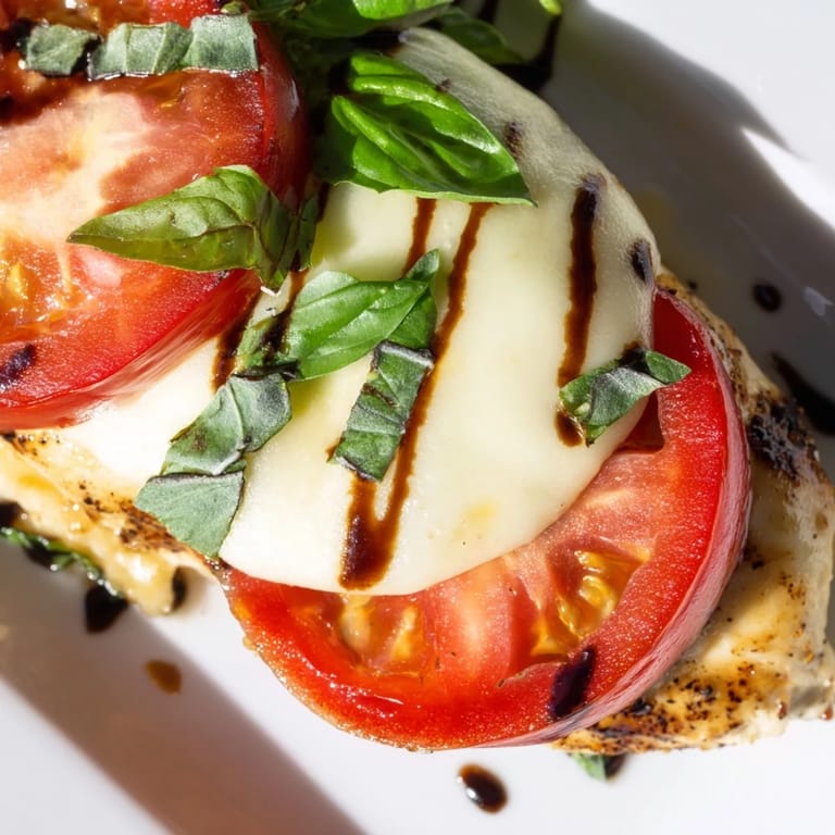 Plated Caprese Chicken Skillet served with fresh basil and tomatoes, ready for a low-carb dinner.