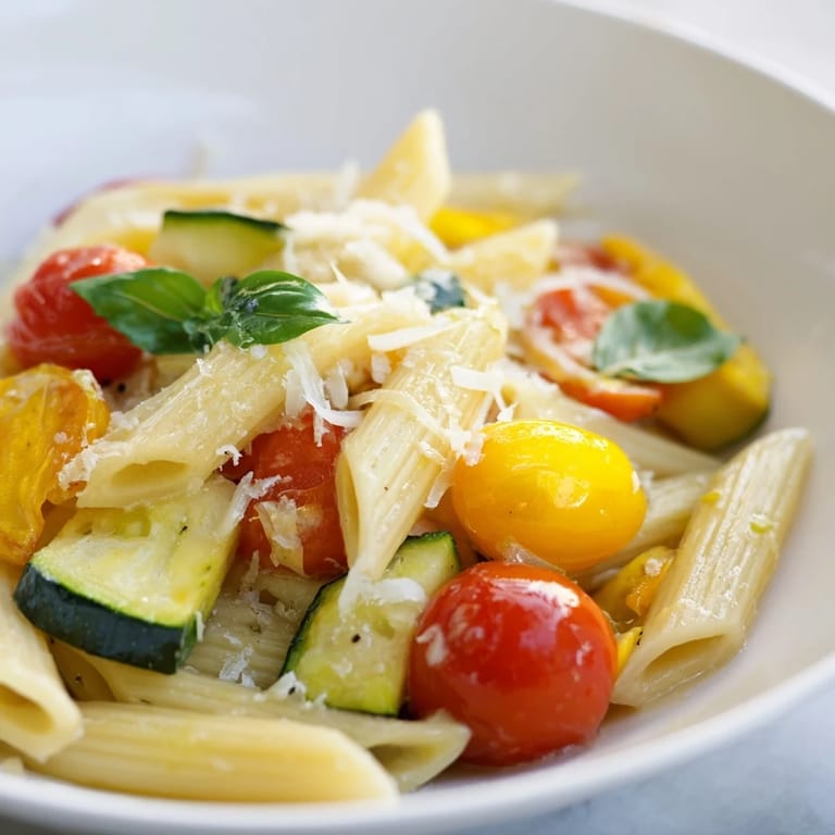 A serving of Garden Veggie Pasta in a white bowl, topped with grated Parmesan and a sprinkle of lemon zest.