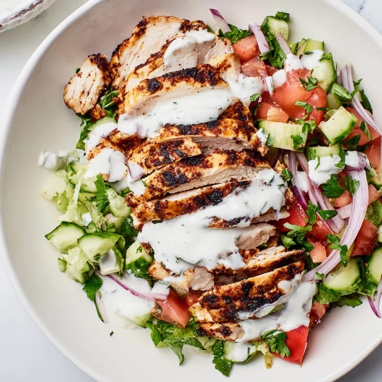 Vibrant Middle Eastern Chicken Shawarma Salad, featuring charred chicken slices on a bed of mixed greens and vegetables.
