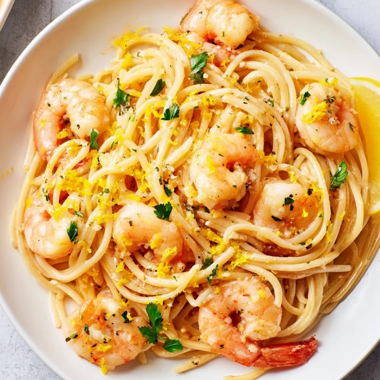 A close-up of juicy shrimp and pasta strands glistening with a flavorful, garlicky lemon butter sauce.
