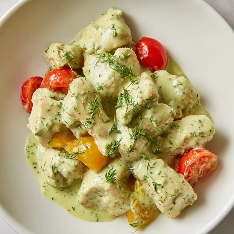 Zesty avocado ranch chicken salad with tender chicken, cool greens, and colorful veggies, garnished with chives and parsley on a wooden board.