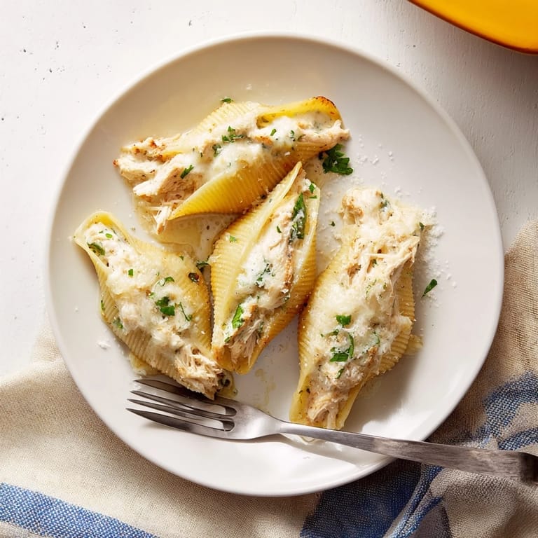Platter of creamy Chicken Alfredo Stuffed Shells, a perfect Italian-American family dinner with garlic bread.  