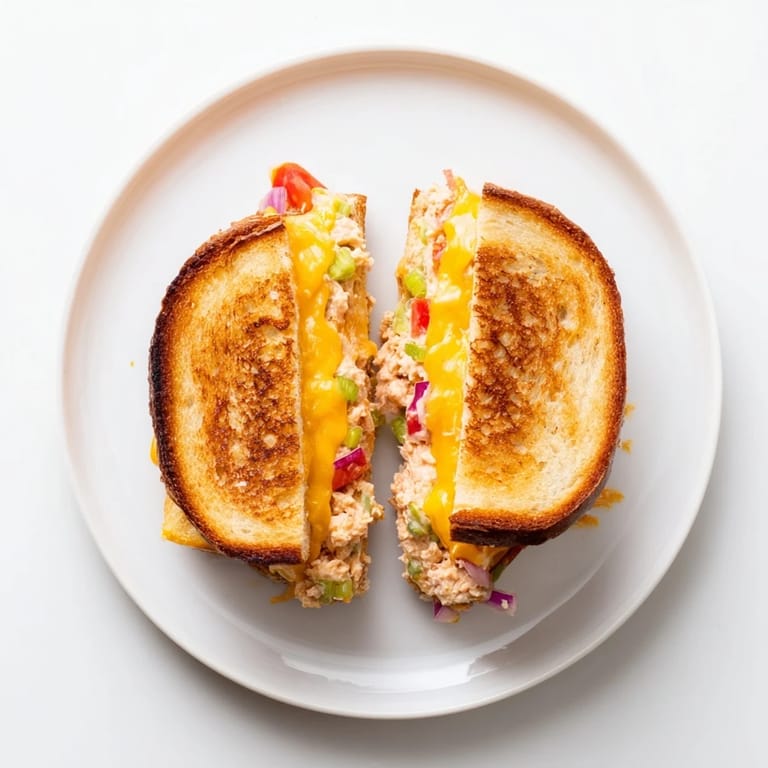 Freshly prepared spicy tuna melt sandwich, featuring diced celery and red onion, presented alongside crisp pickles.