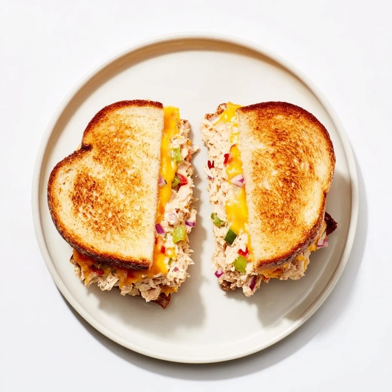 A close-up of a warm spicy tuna melt, showcasing melted pepper jack cheese and juicy tomato layers.