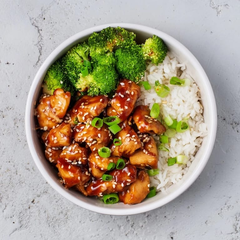 A freshly assembled Sweet Chili Chicken Bowl showing glossy sweet chili sauce over golden chicken pieces, steamed rice, and crisp broccoli florets, served as a vibrant main dish.