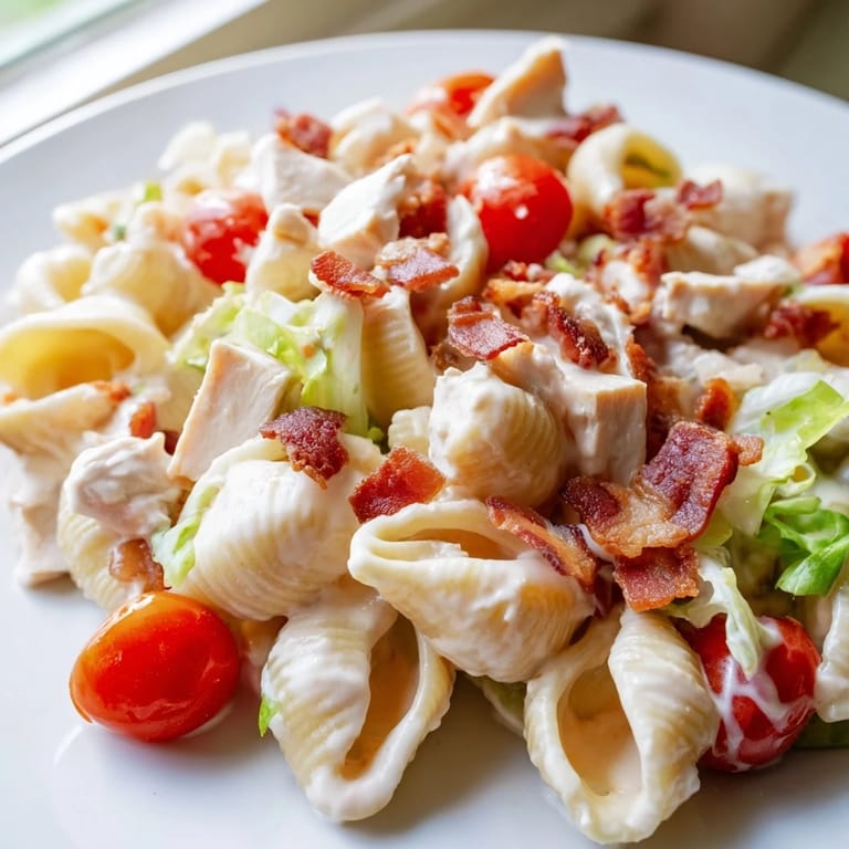 Fresh BLT Chicken Pasta Salad features tender pasta shells, juicy chicken, bacon crumbles, and vibrant tomatoes tossed in a light, creamy dressing.
