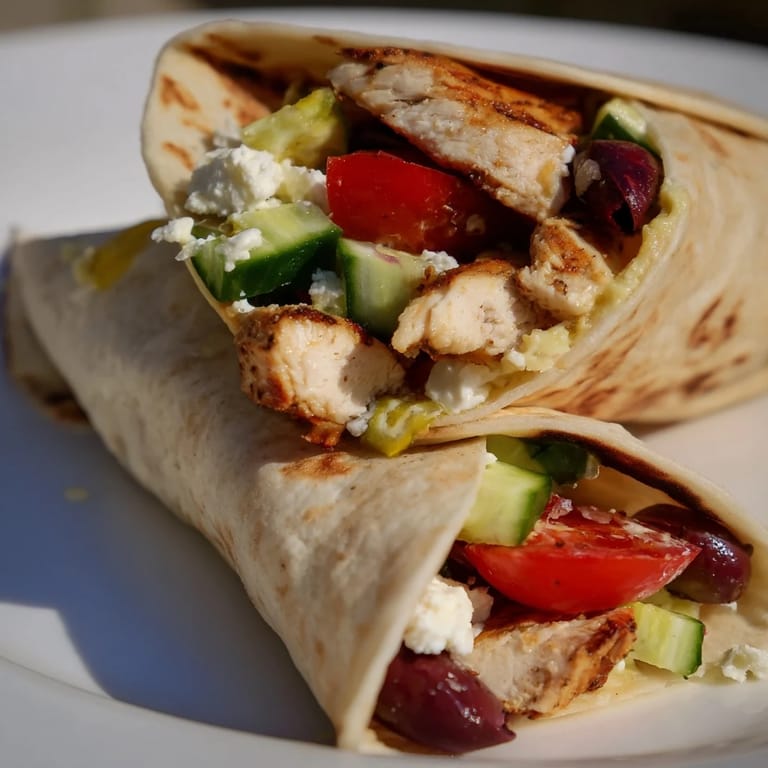 Greek Lemon Chicken Salad Wrap ingredients arranged on a wooden board: seasoned chicken breasts, chopped salad veggies, olives, and feta, ready for assembling into fresh Mediterranean wraps.