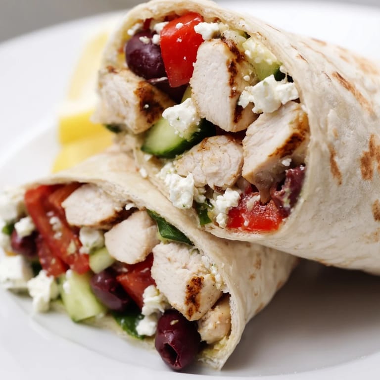Overhead view of a completed Greek Lemon Chicken Salad Wrap garnished with parsley, with a side of creamy tzatziki and lemon wedges for a bright, tangy lunch.