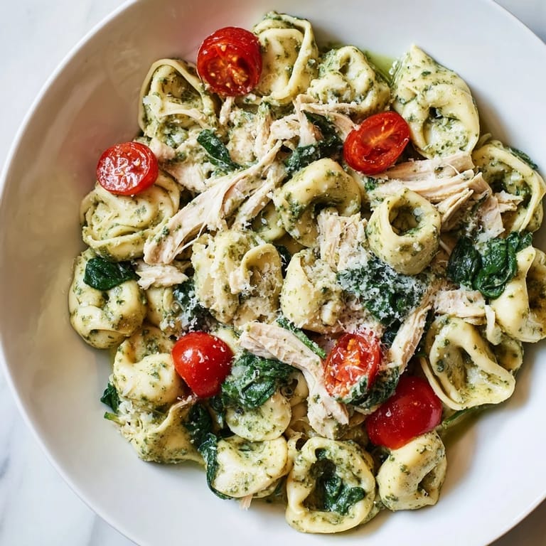 Golden, saucy cheese tortellini and shredded rotisserie chicken in a skillet with wilted spinach and bright cherry tomatoes.  