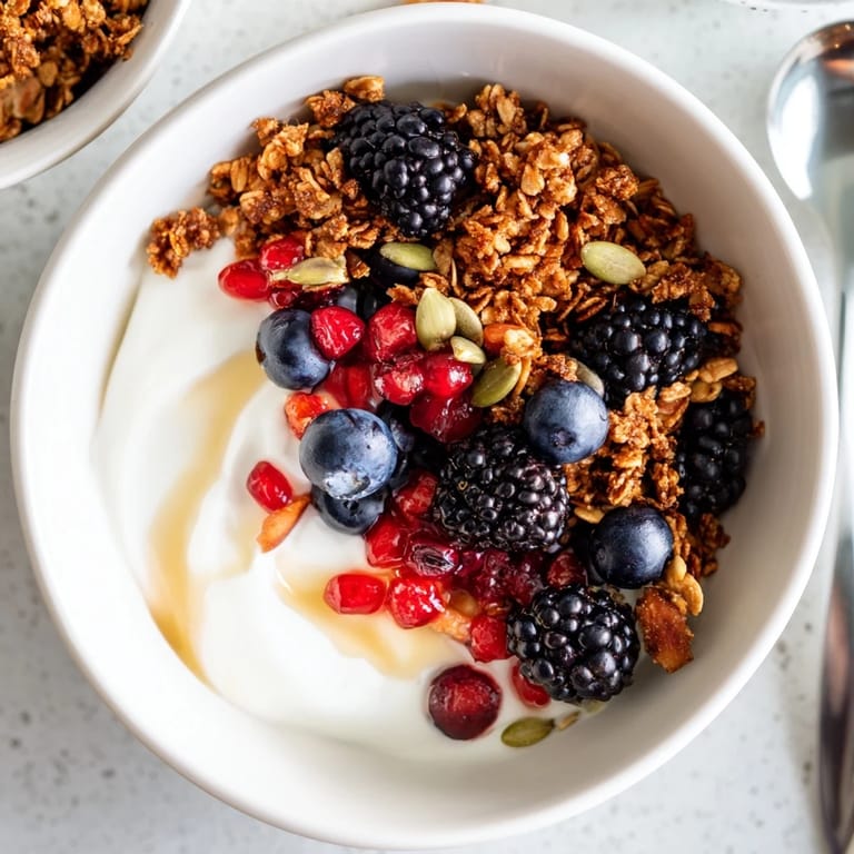 Spoonful of the crunchy oat and nut topping sits beside juicy pomegranate seeds and dark berries in this breakfast bowl.