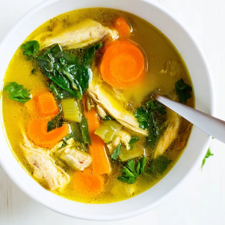 Close-up of Turmeric Chicken Soup in a rustic ceramic bowl, garnished with fresh parsley and lemon wedges.