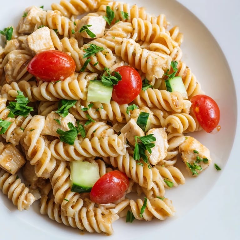 Chilled Honey Mustard Chicken Pasta Salad packed with cucumber, red bell pepper, and celery, perfect for an easy summer picnic.