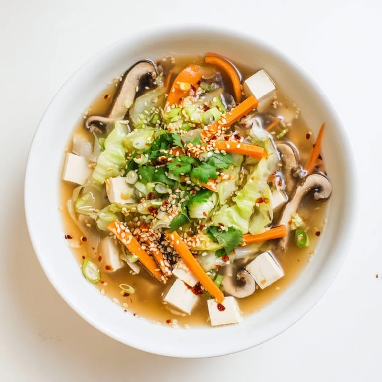 Ginger-Miso Winter Soup served in a rustic ceramic bowl, garnished with scallions and toasted sesame seeds.
