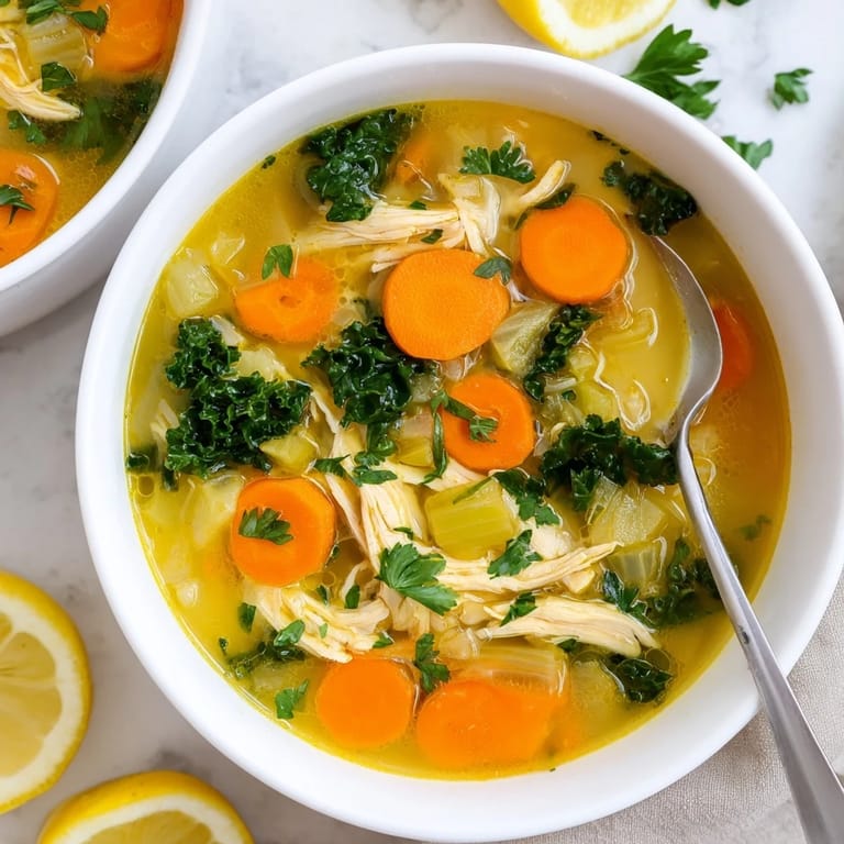 Freshly ladled High Protein Lemon and Turmeric Chicken Soup, brimming with golden broth, diced carrots, celery, and a sprinkle of parsley garnish.