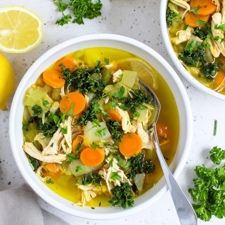 A close-up view of High Protein Lemon and Turmeric Chicken Soup, highlighting the rich turmeric color, leafy greens, and juicy chicken pieces.