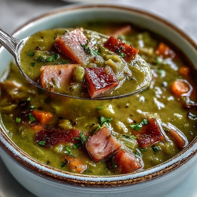 A hearty bowl of Split Pea and Ham Soup beside a slice of crusty bread.