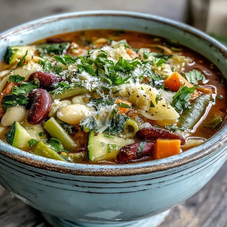 Hearty Minestrone Soup simmers in a pot, revealing chopped carrots, zucchini, and green beans in a robust vegetable broth.