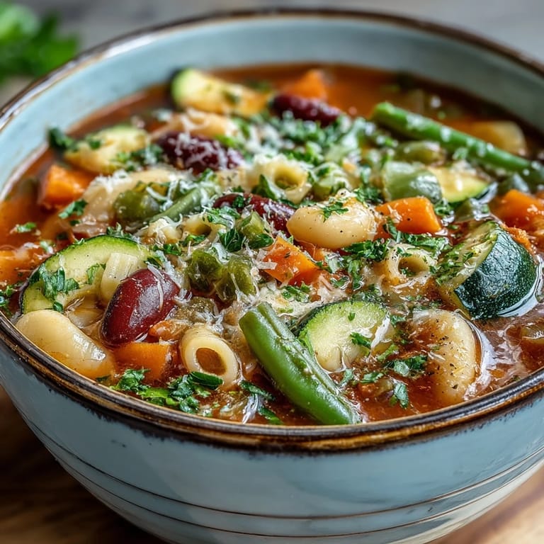 Minestrone Soup served in a rustic bowl, garnished with olive oil and Parmesan, with crusty bread for dipping on the side.