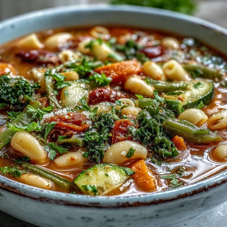 Spoon lifting hearty Minestrone Soup, revealing colorful carrots, celery, zucchini, and tender greens simmering in a savory vegetable broth.