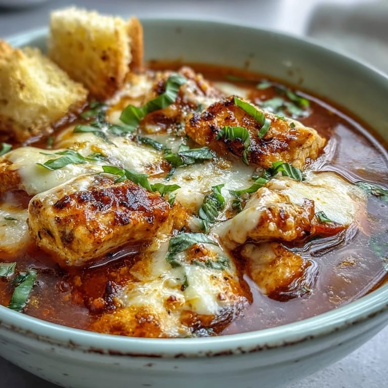 Grilled Chicken Parmesan Soup served steaming hot in a rustic bowl with garlic croutons on top.